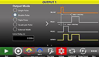 Touchscreen Output Mode panel showing a double-pulse output built from PULSE1 and PULSE2 on a common trigger