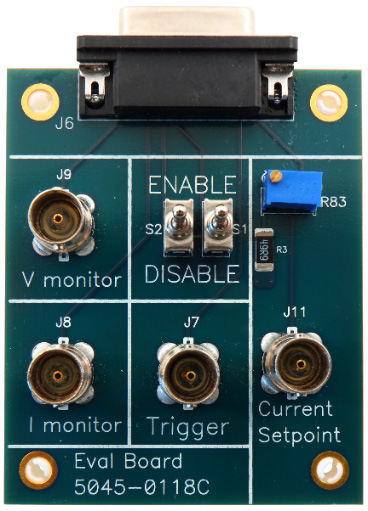 PCM-7700 evaluation board with V monitor, I monitor, trigger, and current setpoint connectors