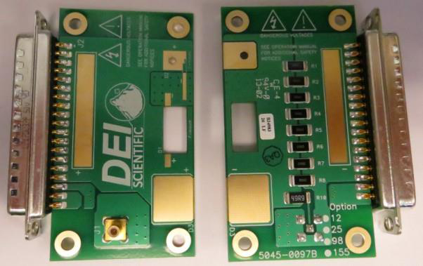 PCX-7401 laser output PCBA showing top and bottom sides with current monitor connector