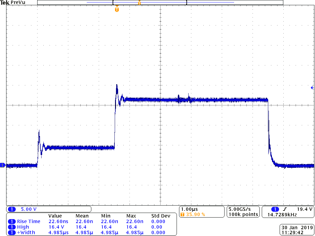 PCX-7421 oscilloscope capture of a biased main pulse, 16 A main current over 6 A bias, with measured rise time of 22.6 ns