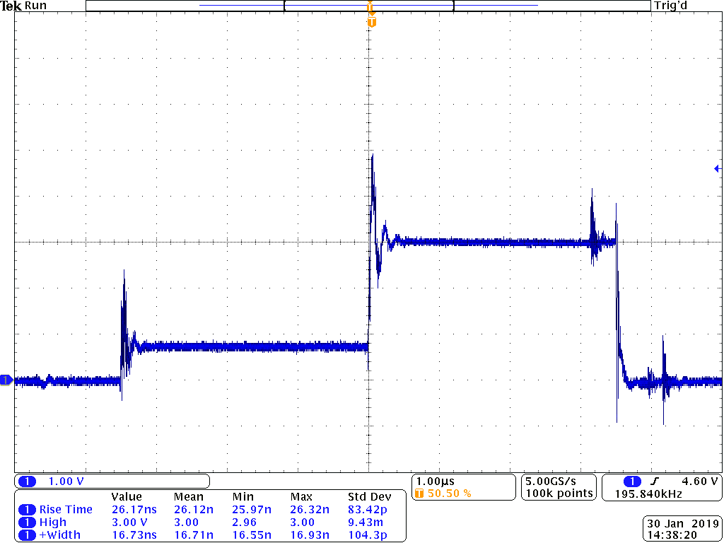 PCX-7421 oscilloscope capture of a biased main pulse, 3 A main current over 1 A bias, with measured rise time of 26.17 ns