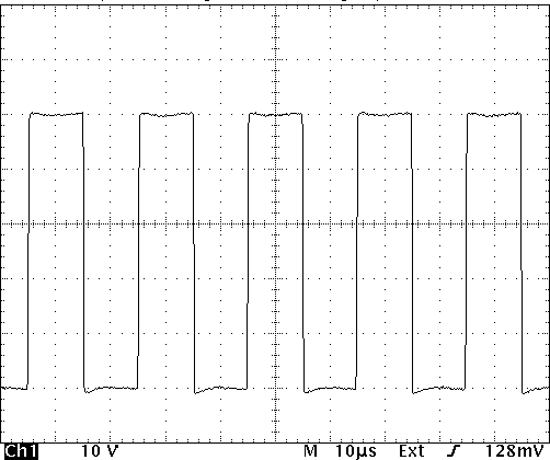 Oscilloscope capture of a PVX-2506 pulse train at 50% duty cycle and 50 kHz