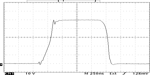 Oscilloscope capture of a typical PVX-2506 output pulse showing fast rise, flat top, and clean settling