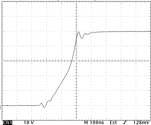 Oscilloscope capture of the PVX-2506 output rising edge showing fast rise and clean settling