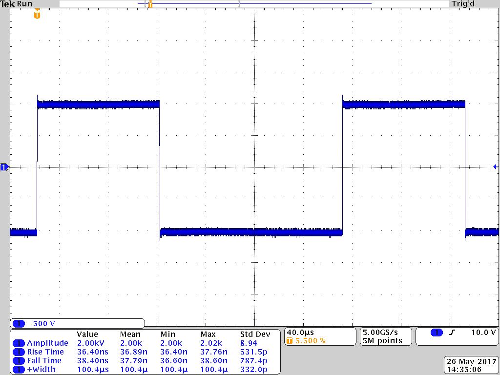 Oscilloscope capture of a bipolar PVX-4000-2kV output pulse, plus and minus 1000 V at 4 kHz into a 344 pF load