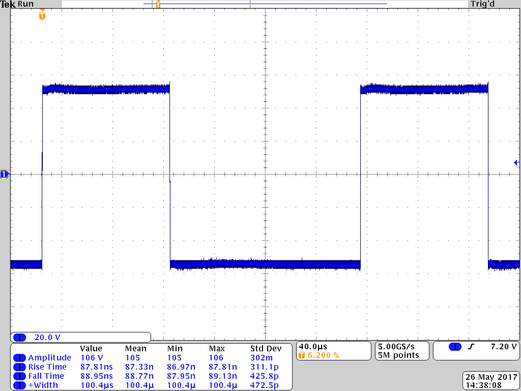 Oscilloscope capture of a bipolar PVX-4000-2kV output pulse, plus and minus 50 V at 4 kHz into a 344 pF load