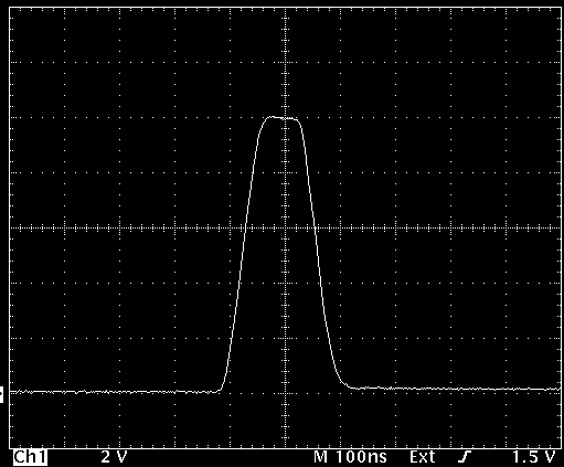 PVX-4110 oscilloscope capture of a narrow high voltage pulse at 100 ns per division