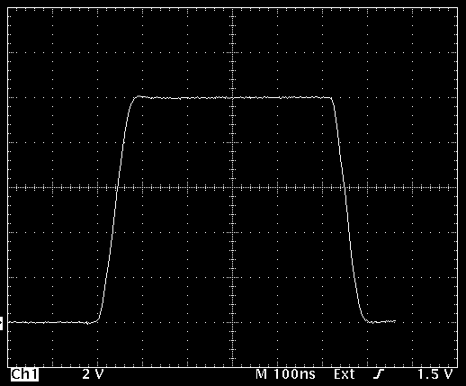 PVX-4110 oscilloscope capture of a high voltage pulse rising edge at 100 ns per division