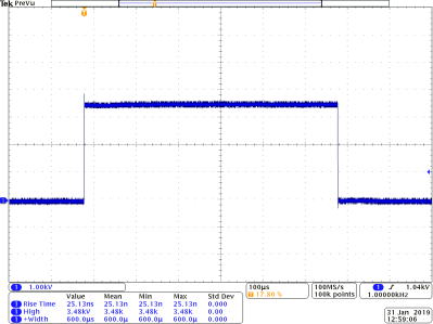 PVX-4141 600 microsecond pulse width waveform, 3,500 V output, measured at load