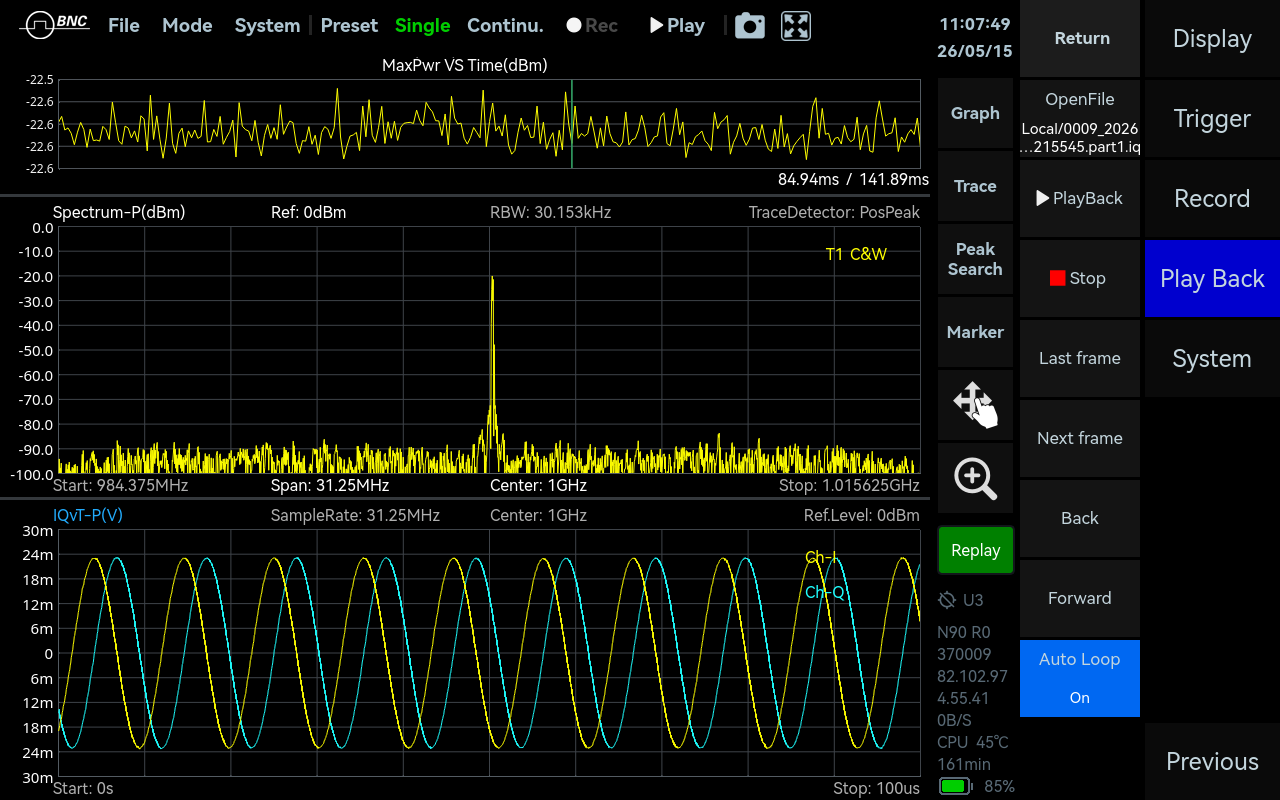 Data Record and Playback measurement screen on the ICX-FieldHawk