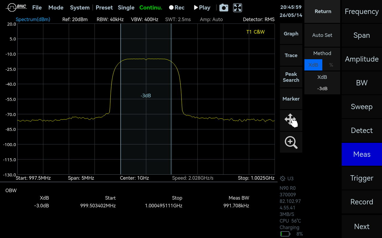 OBW measurement screen on the ICX-FieldHawk