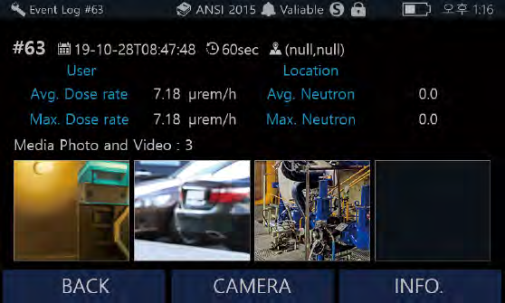 SAM 940+ event log screen with dose rate, neutron readings and attached media photos