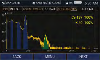 SAM 940+ Finder mode screen with directional dial pointing toward the radiation source