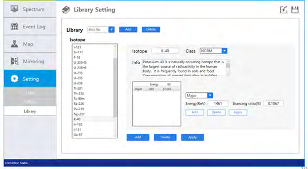 SAM 940+ PC library setting screen for editing isotope library entries