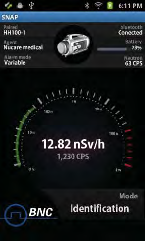 SAM III app screen showing dose rate, count rate, battery, neutron and alarm status indicators