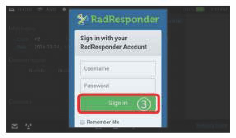 SAM 950 screen showing RadResponder account sign-in