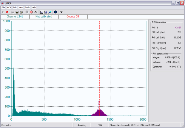 bMCA acquisition software showing a live energy spectrum with a marked region of interest