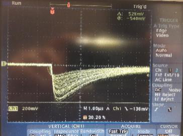 Oscilloscope capture of a slower, larger alpha output pulse