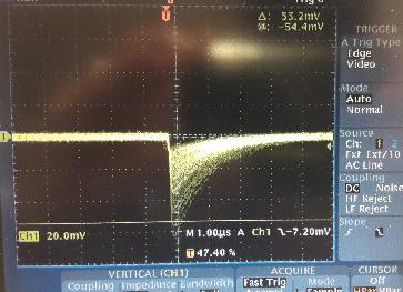 Oscilloscope capture of a fast, low-amplitude beta output pulse