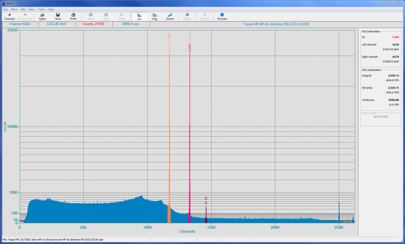 bMCA acquisition software showing a Co-60 spectrum from the TOPAZ-HR