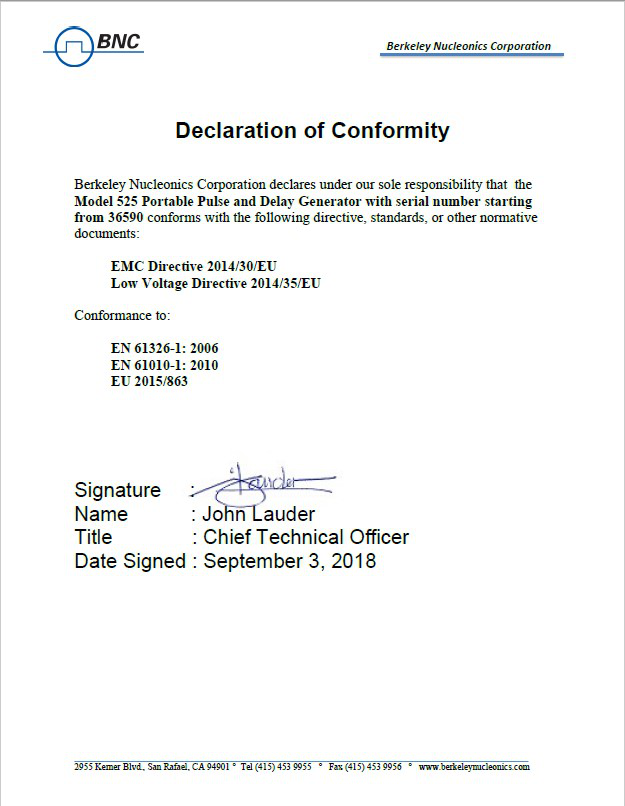 Model 525 Declaration of Conformity