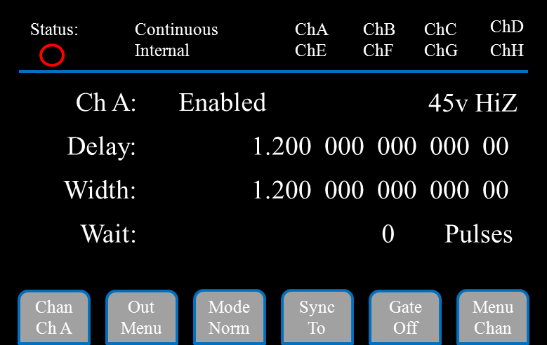 AT45 channel menu page showing 45 V HiZ mode with delay and width