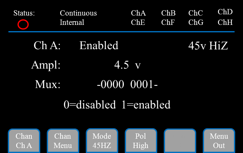 AT45 channel menu page showing output amplitude and multiplexer settings