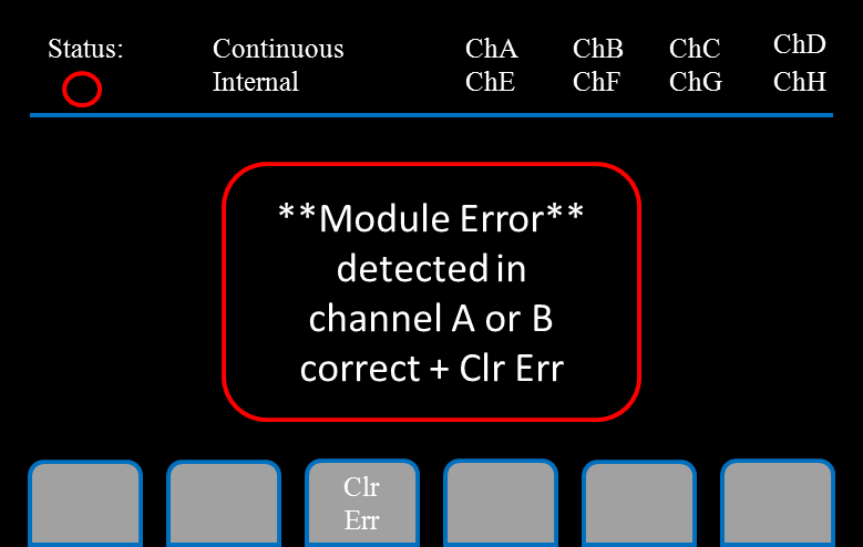 577 LCD showing a Module Error detected in channel A or B with a Clr Err soft key