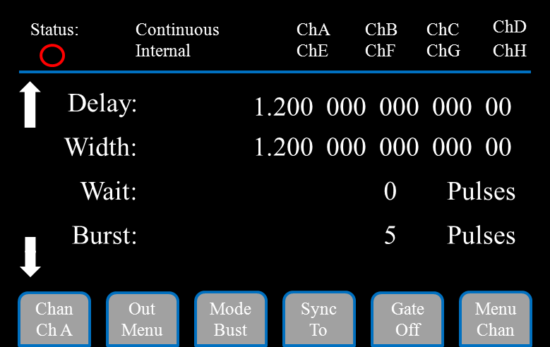 577 Channel menu in Burst mode with a burst-count parameter