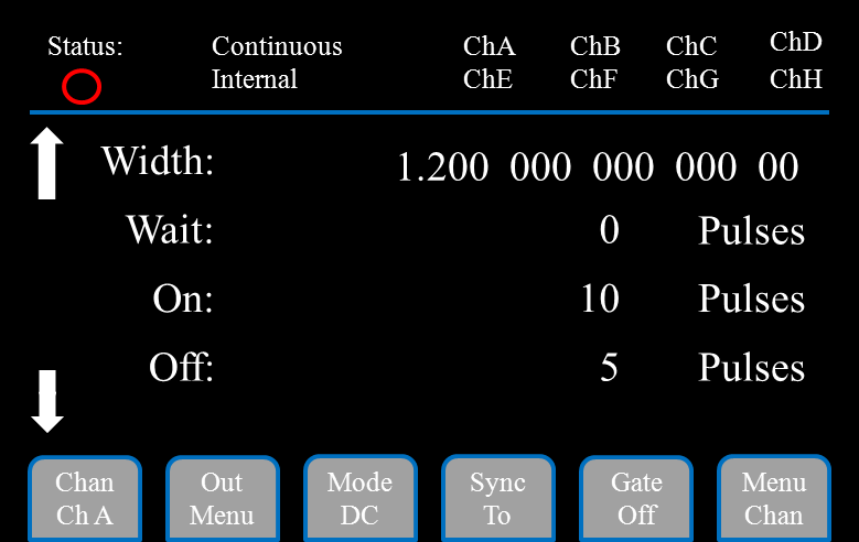 577 Channel menu in Duty Cycle mode with On and Off pulse counts