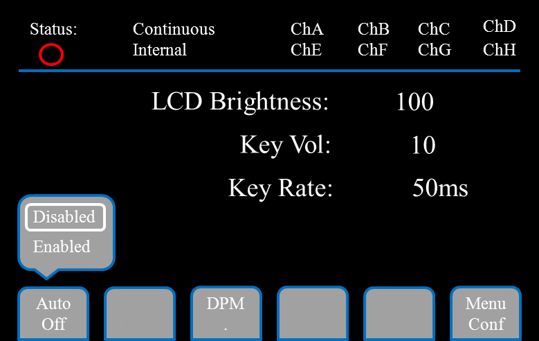 577 Comm menu with USB and RS-232 baud rate and echo settings