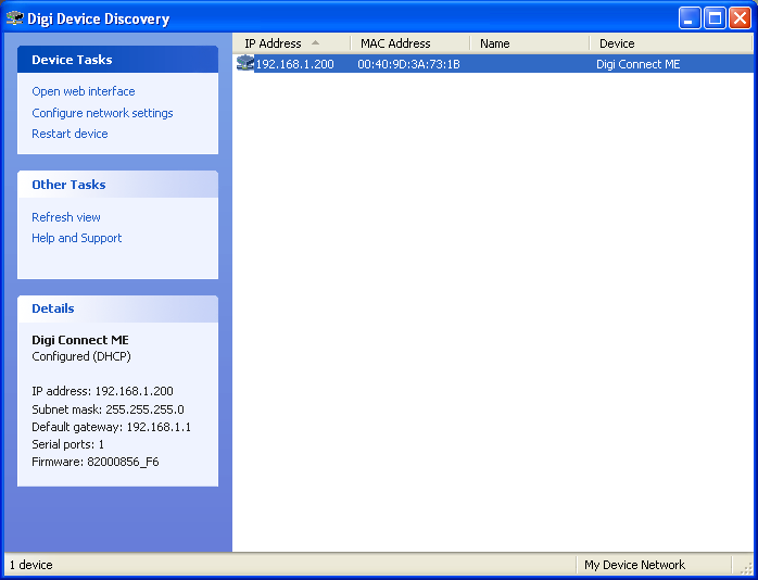Digi Device Discovery utility listing the 577 Ethernet module and its IP address