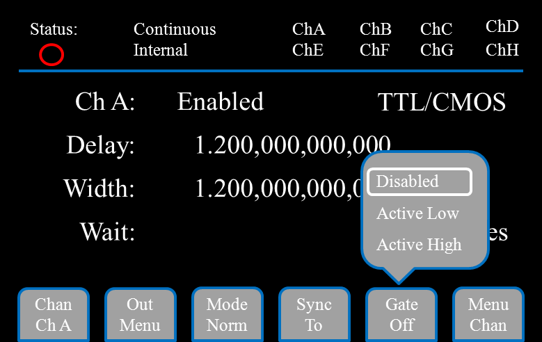 577 Gate/Trigger input menu with threshold level and active-edge settings