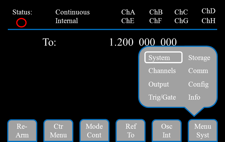 577 screen with Status, System Configuration, channel and Setup areas labeled