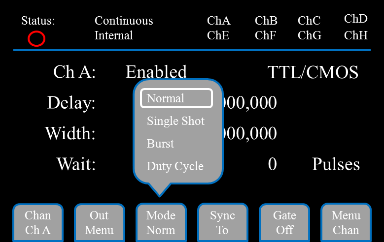 577 Sync menu assigning a channel start relative to T0 or another channel
