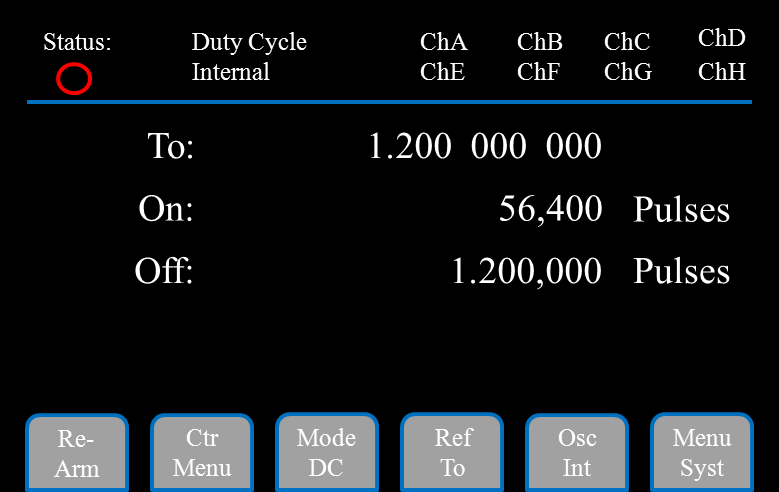 577 System menu in Duty Cycle mode showing On and Off cycle counts