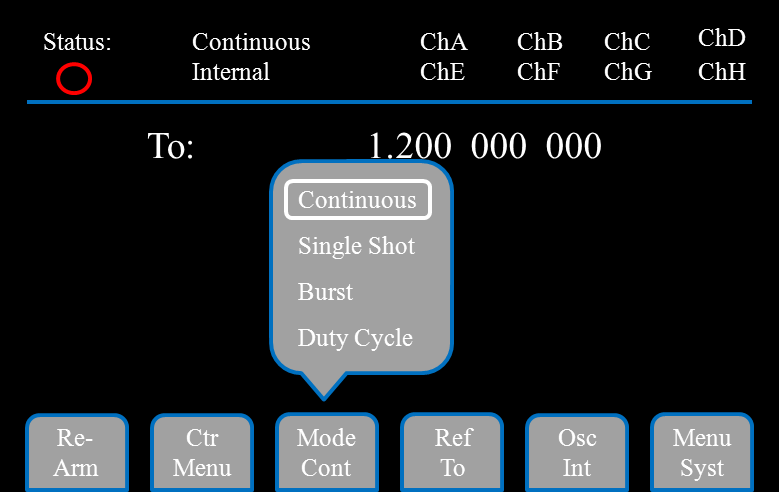 577 System menu Mode soft key popup listing Continuous, Single Shot, Burst and Duty Cycle
