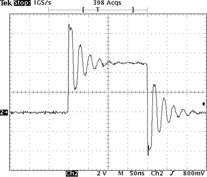 Oscilloscope capture of TZ50 module output showing overshoot and ringing through high impedance