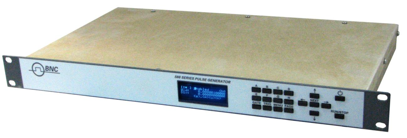 Model 588 Series Pulse Generator front panel, rack-mount chassis with vacuum fluorescent display and keypad.