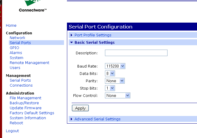 Baud rate settings.