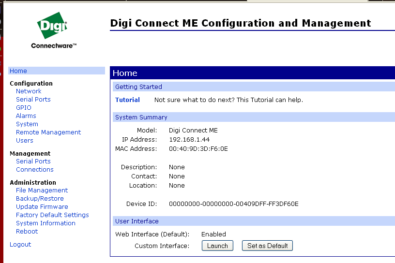 Digi Connect ME configuration home page.