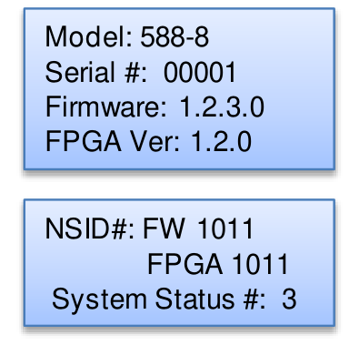 System Information Menu boxes showing model, serial number, firmware, FPGA version, NSID, and system status.