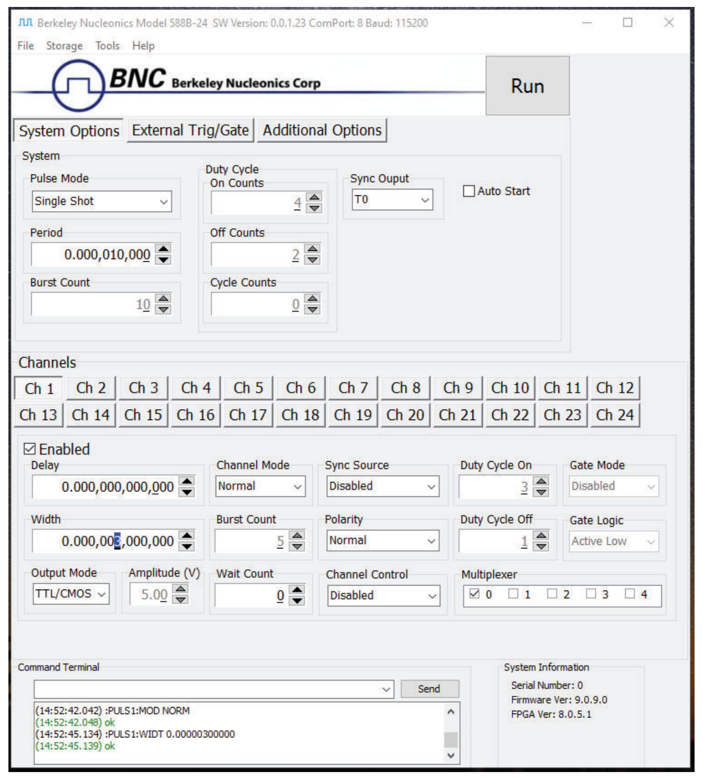 588B application software showing the default parameters.
