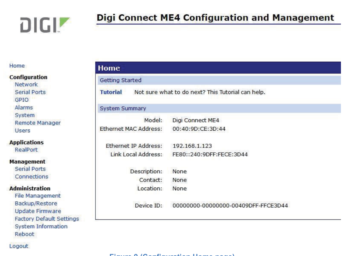 Figure 9. Configuration Home page.