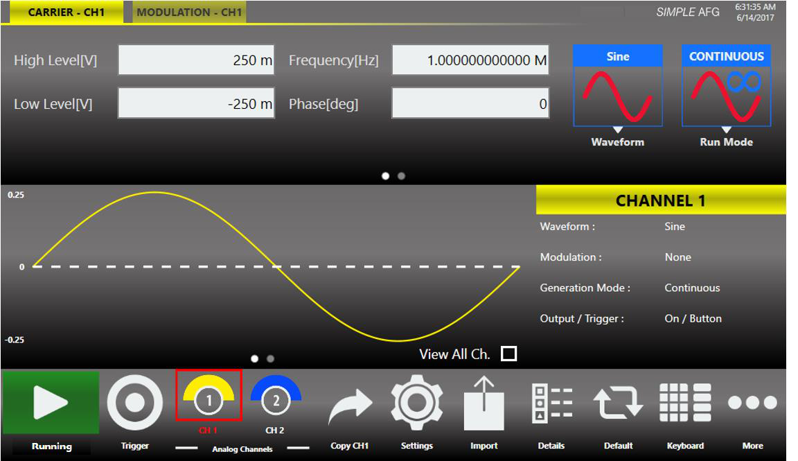 Simple AFG user interface showing the Waveform Parameters Area, Graph Area, Channel Information, and Command Bar.