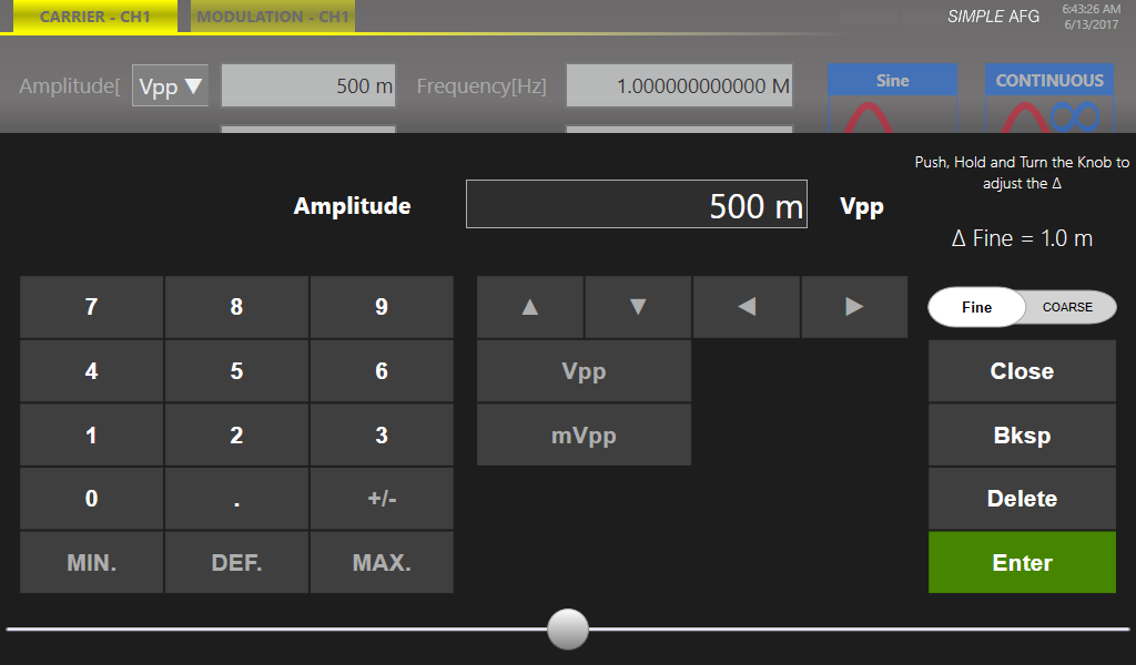 Virtual numeric keypad of the Simple AFG application with the parameter name, value, MIN/MAX, arrows, coarse/fine and scrollbar controls.