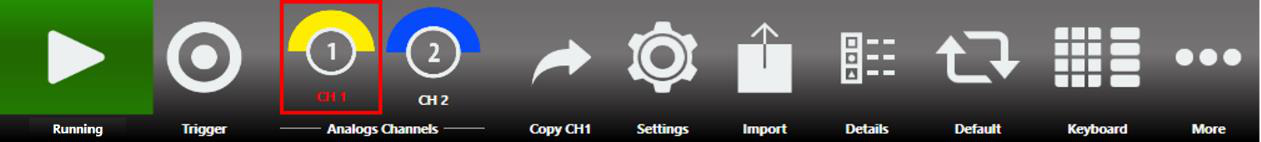 Simple AFG command bar with Running, Trigger, Analog Channels, Copy CH, Settings, Import, Details, Default, Keyboard, and More buttons.