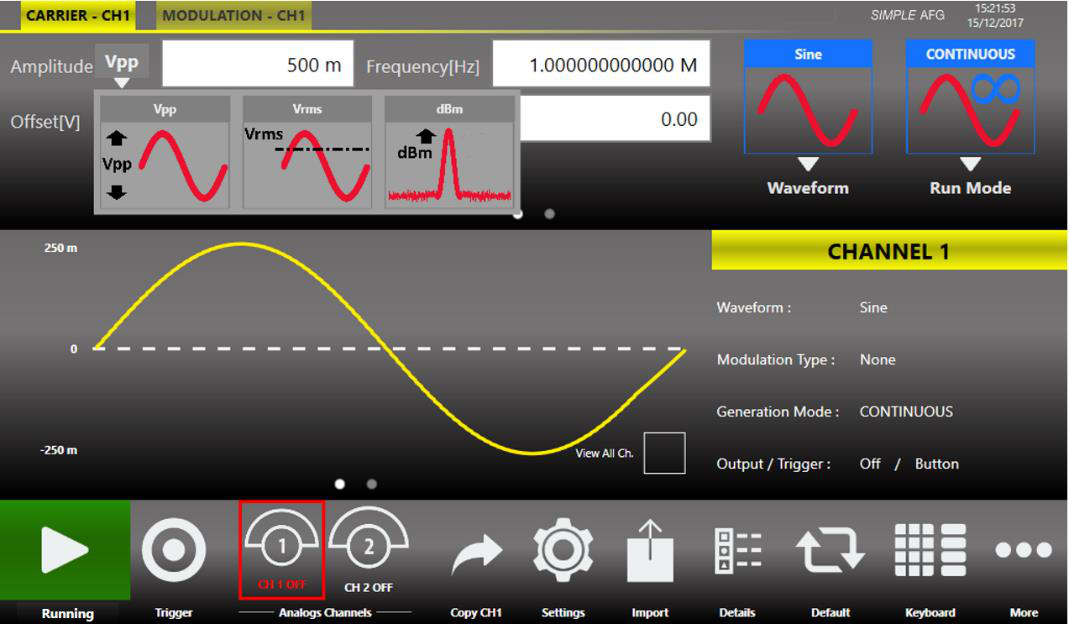 Sine waveform in the Simple AFG Graph Area annotated with Amplitude and Offset.