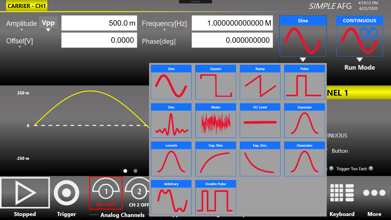 Predefined waveform picker of the Simple AFG application showing the available carrier waveforms.