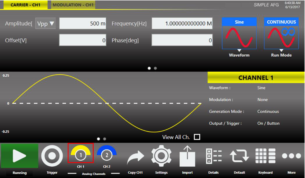 Marker out (blue, top) synchronous with the analog signal (red, bottom) in Continuous mode.
